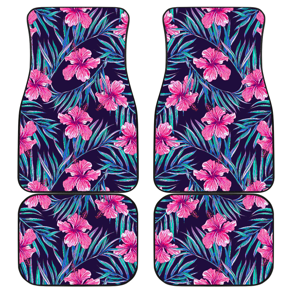 Teal Tropical Hibiscus Pattern Print Front And Back Car Floor Mats, Front Car Mat