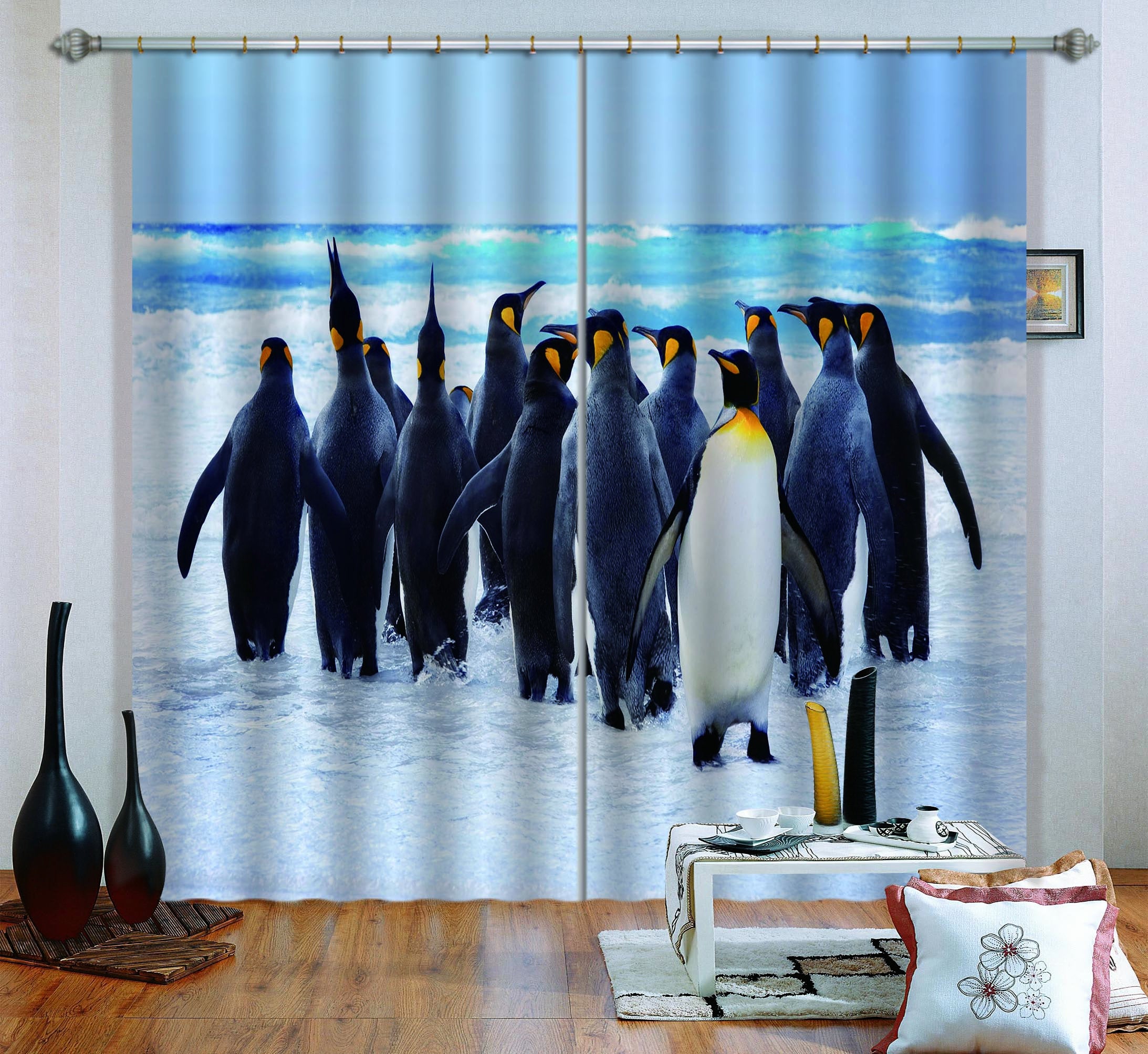 3D Penguin On The Ice C253 Blockout Photo Curtain Print Curtains Drapes Fabric Window | 3D Large Photo Curtain, Jess Art Decoration Wallpaper