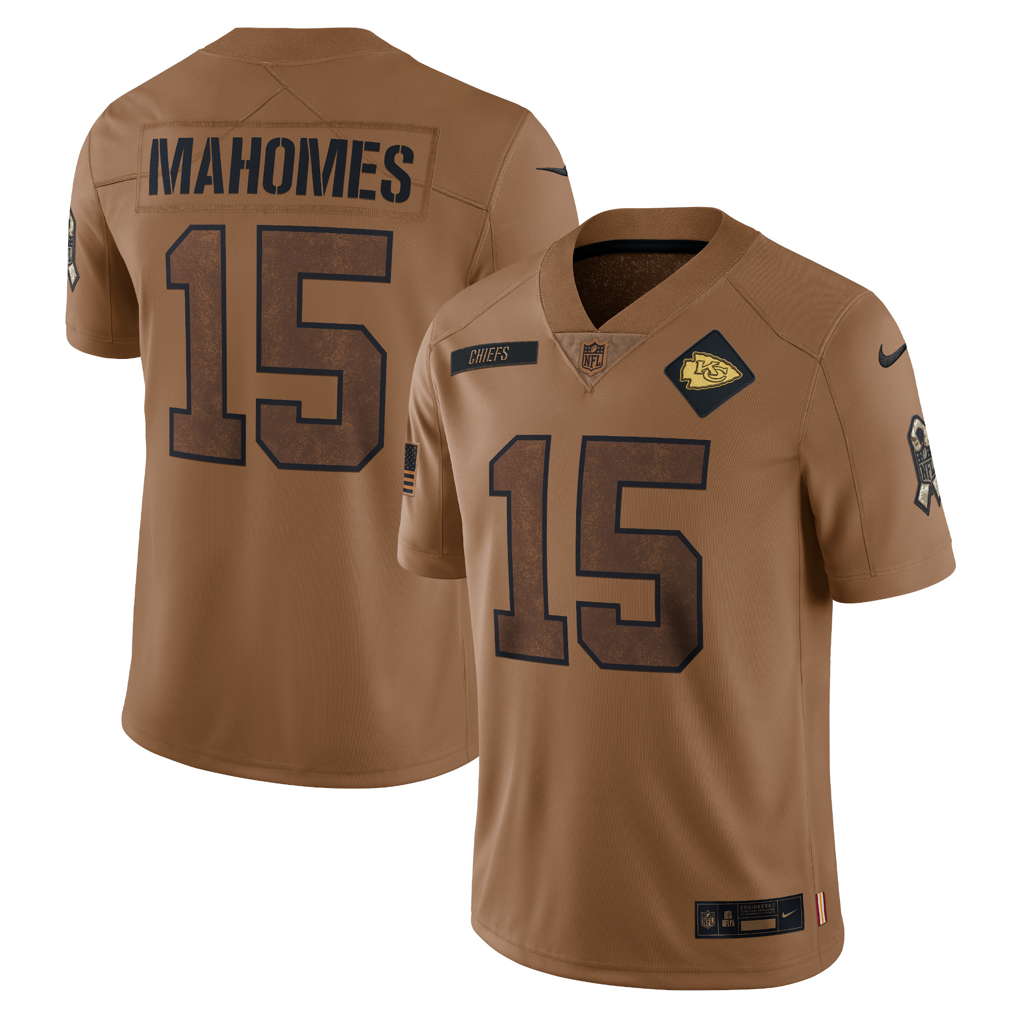 Men’s Kansas City Chiefs Patrick Mahomes Brown 2023 Salute To Service Limited Jersey