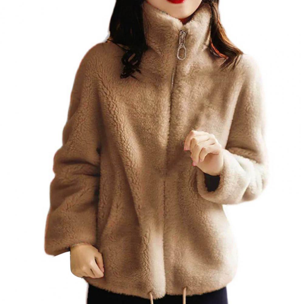 Trendy Plush Coat Drawstring Hem Coldproof Soft Lady Solid Color Double Sided Coral Fleece Coat alx