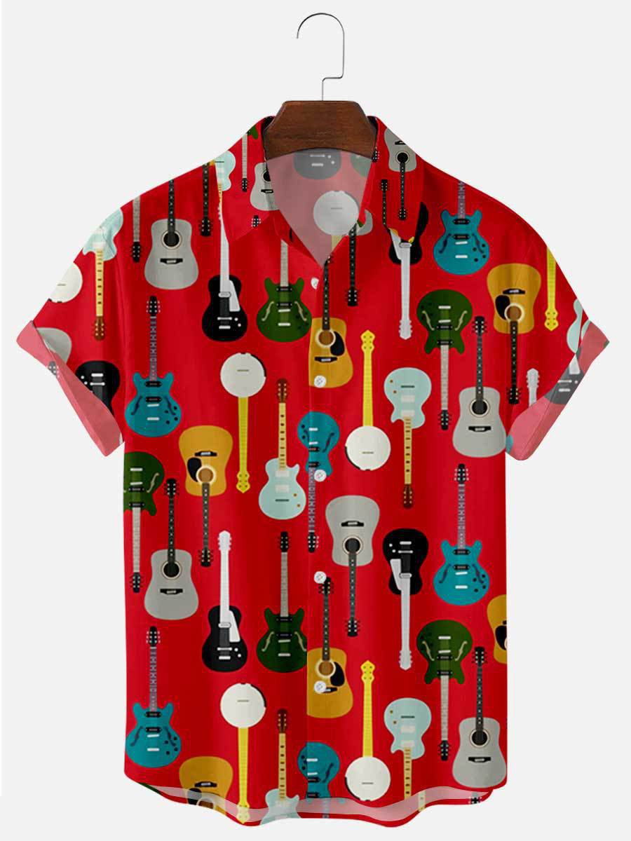 Mens Rock Roll Guitar Print Lapel Casual Loose Short Sleeve Hawaii Shirt Ha55143