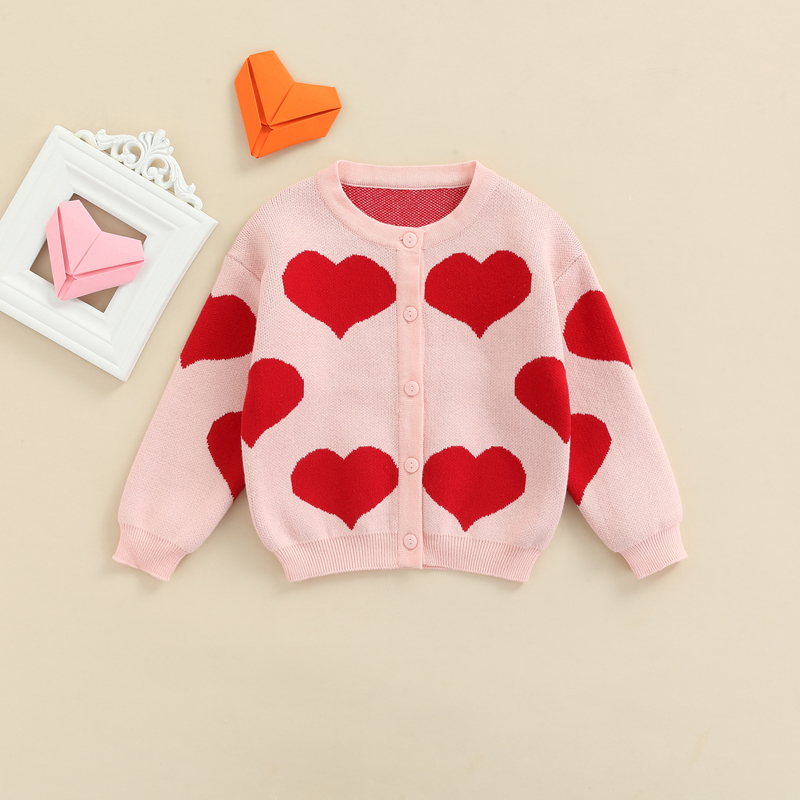 Valentine’s Day Girl Sweaters 1-6Y Baby Knitted Cardigan Sweet Heart Pattern Single-Breasted Sweater Classic Spring Jacket Coat alx