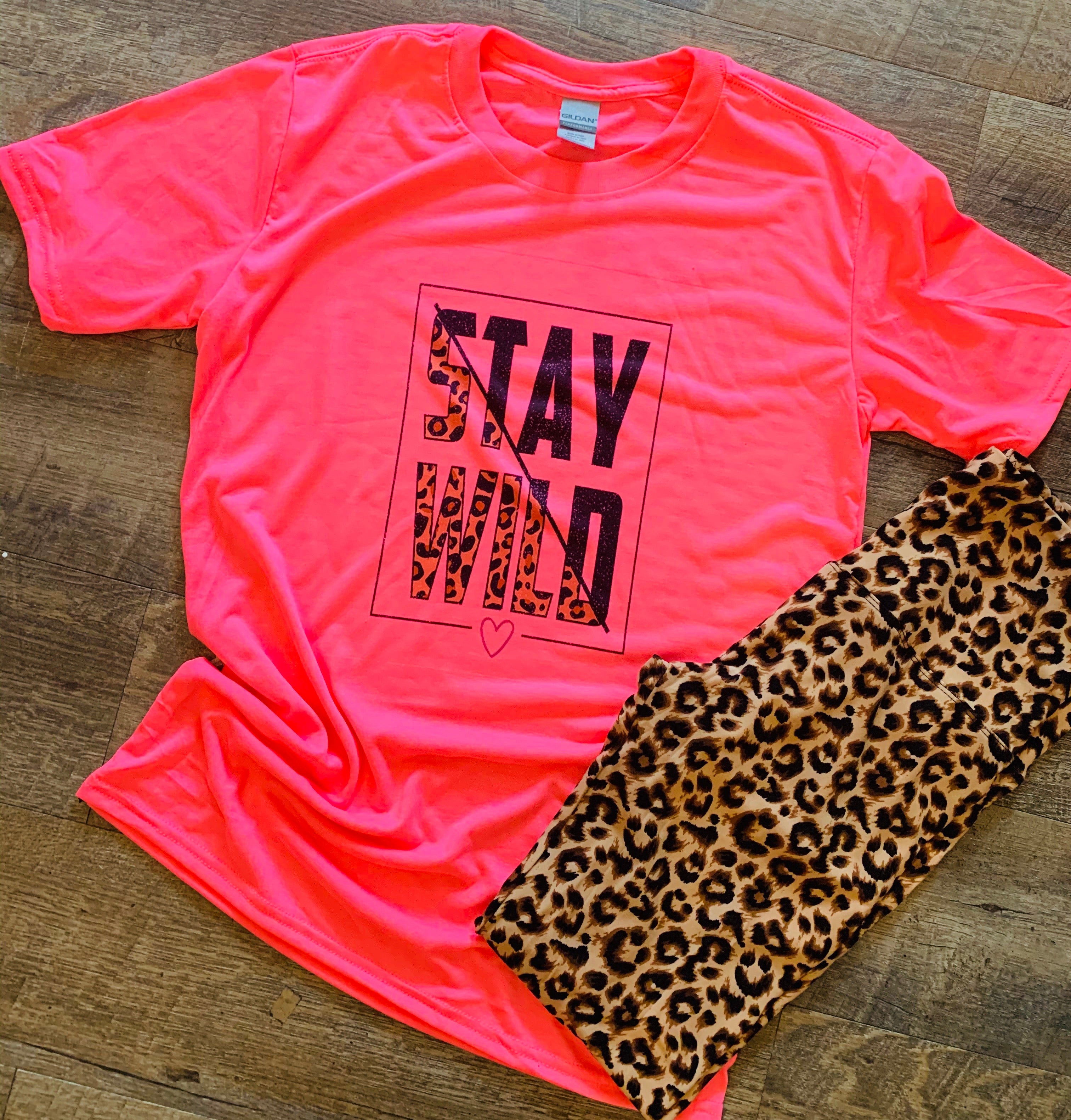 Neon Pink With Leopard Stay Wild Graphic Tee