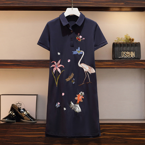 2022 Summer Polo Dress Women Embroidery Floral Graphic Elegant Midi Dresses Loose L-4XL Long Tshirt Dress Female vestido Clothes alx