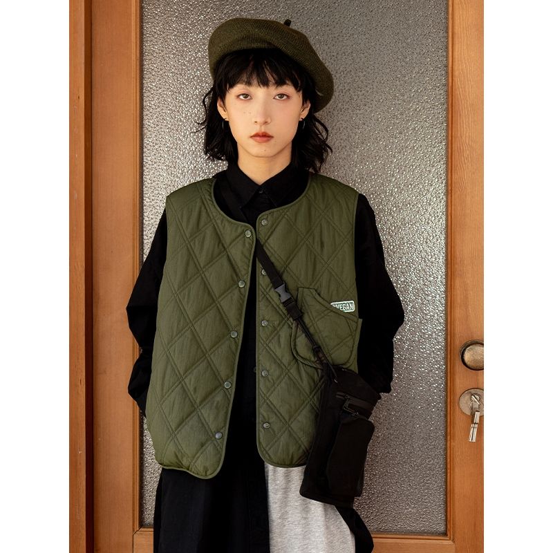 Women Vests Vintage Beige Quilted Padded Waistcoat Vest Japanese Style Sleeveless V-neck Plaid Fashion Unisex Warm Outerwear alx