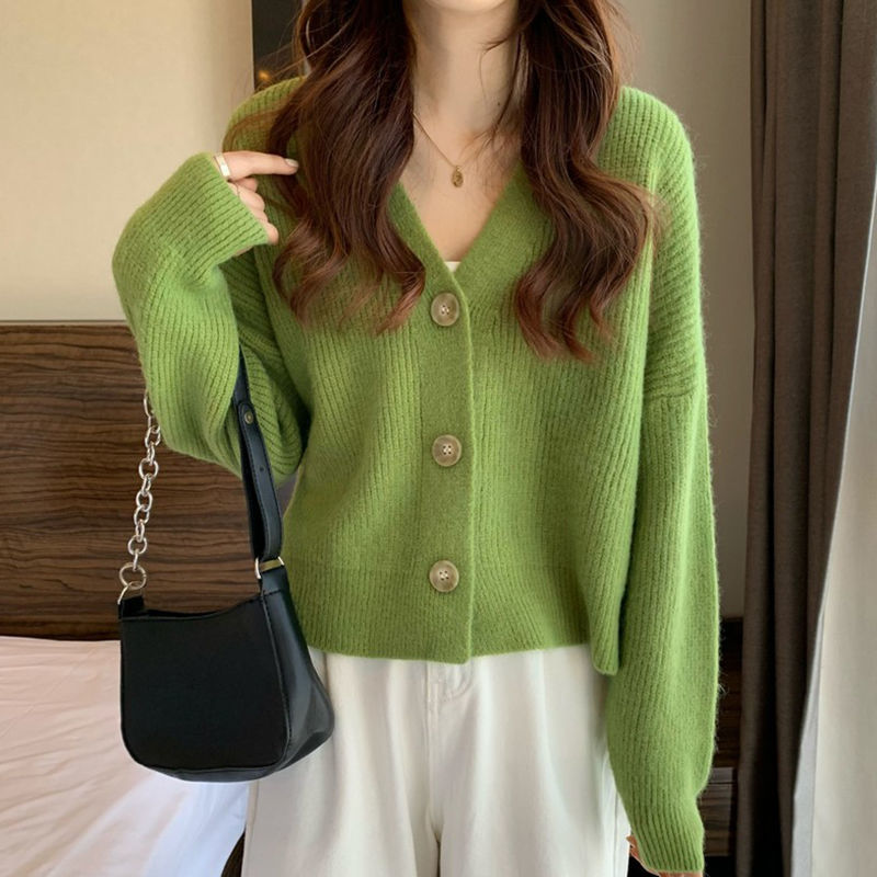 Autumn Winter Solid Color Single Breasted Korean Fashion Knitted Cardigan Sweaters for Women Casual Fashion V-neck Tops Coat alx