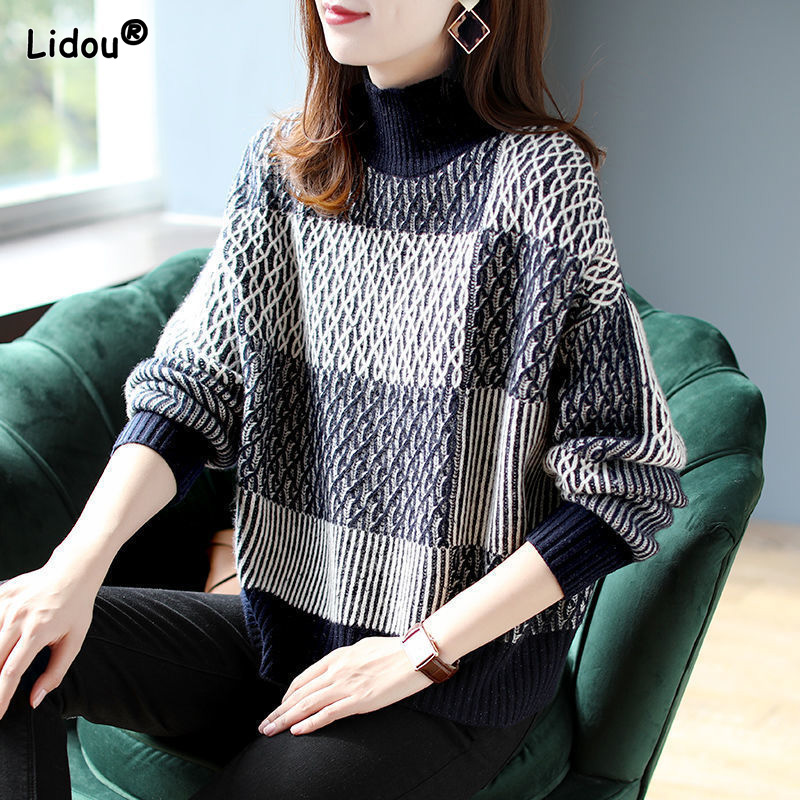 A-straight Print Thick Sweaters Mock Neck Vintage Pullovers 2022 New Autumn Winter Popularity Women’s Clothing Refreshing Trend alx