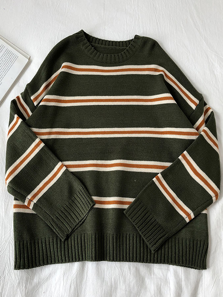 Vintage Stripe Sweaters Women Loose Oversize Korean Style Pullover Top Autumn Winter Long Sleeve Knitted Sweater Femme 2020 alx