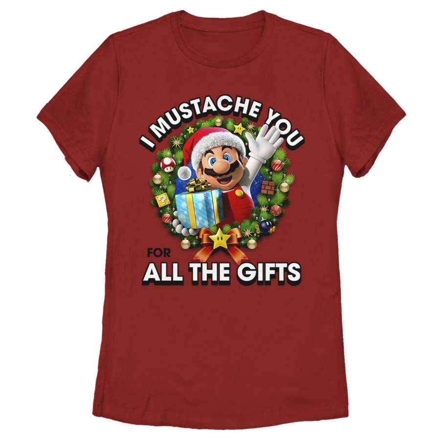 Nintendo Women’s Christmas Super Mario Mustache  T Shirt