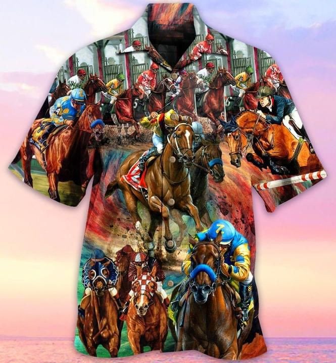 Race Horse Print Short Sleeve Hawaii Casual Shirt Ha56361