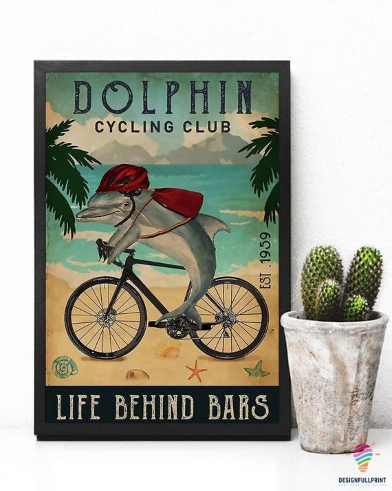 Dolphin Cycling Club Funny Beach Theme Retro Poster Pa