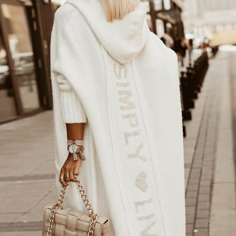 Women’s Long Kintted Cardigan Hood Letter Print Ribbed Loose Cardigans Sweater Warm Fall Casual Female Outwear 2022 New in alx