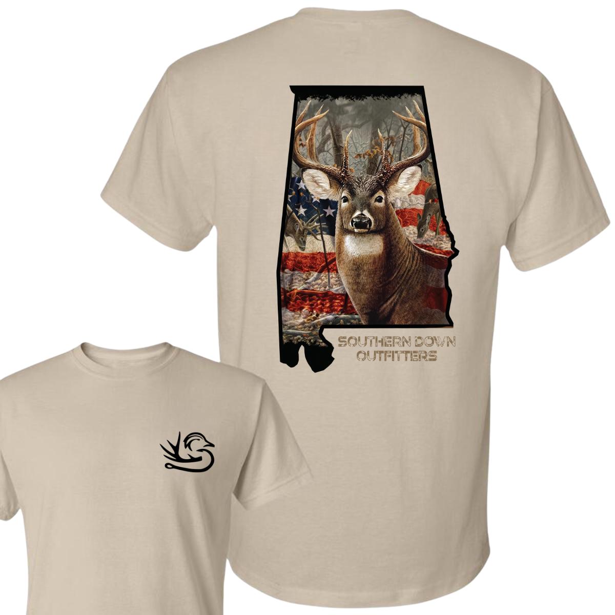 Southern Down Outfitters T-Shirt – Bold Deer Graphic With American Flag Background , Perfect For Outdoor Enthusiasts And Hunters , Comfortable Daily Wear , Unisex Style , Rustic Wildlife Design , Ideal Gift For Nature Lovers Menswear Top Casual