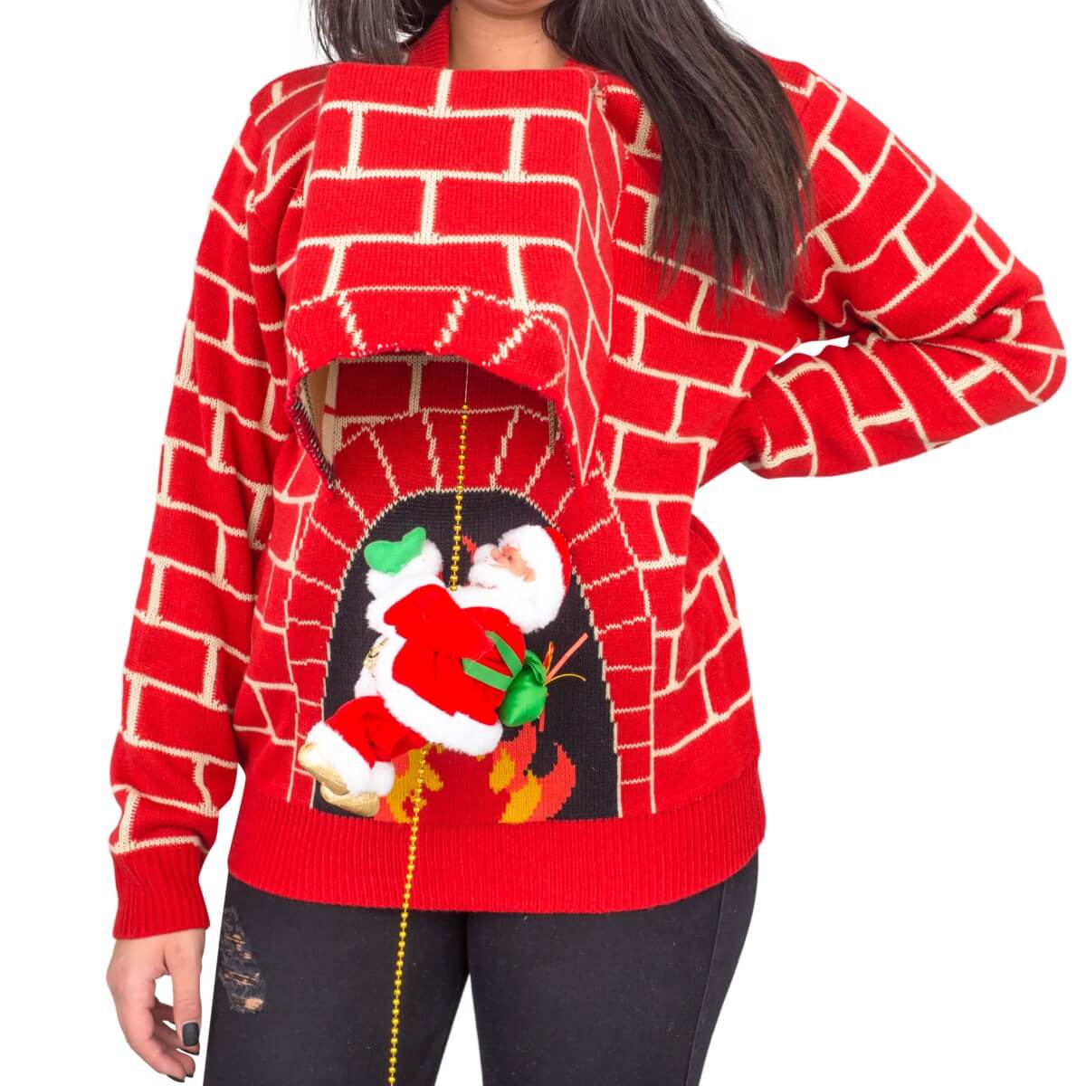 Women’S Santa Claus 3D Chimney Climbing Ugly Christmas Sweater