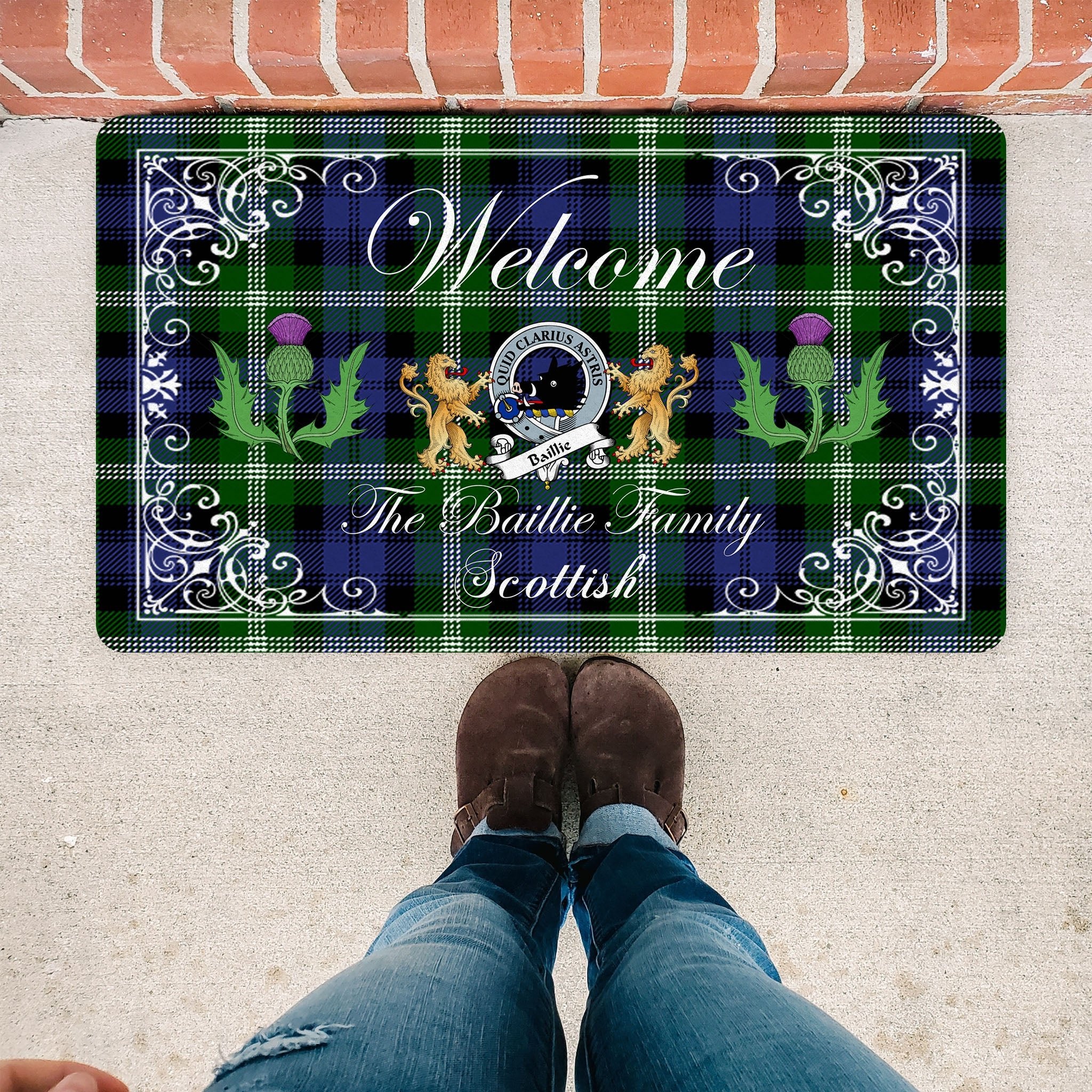 Scotstee Shop Tartan Door Mats Clan Baillie Badge Tartan Thistle And Two Lion Scottish Plaid Doormat, Christmas Door Mat Gift