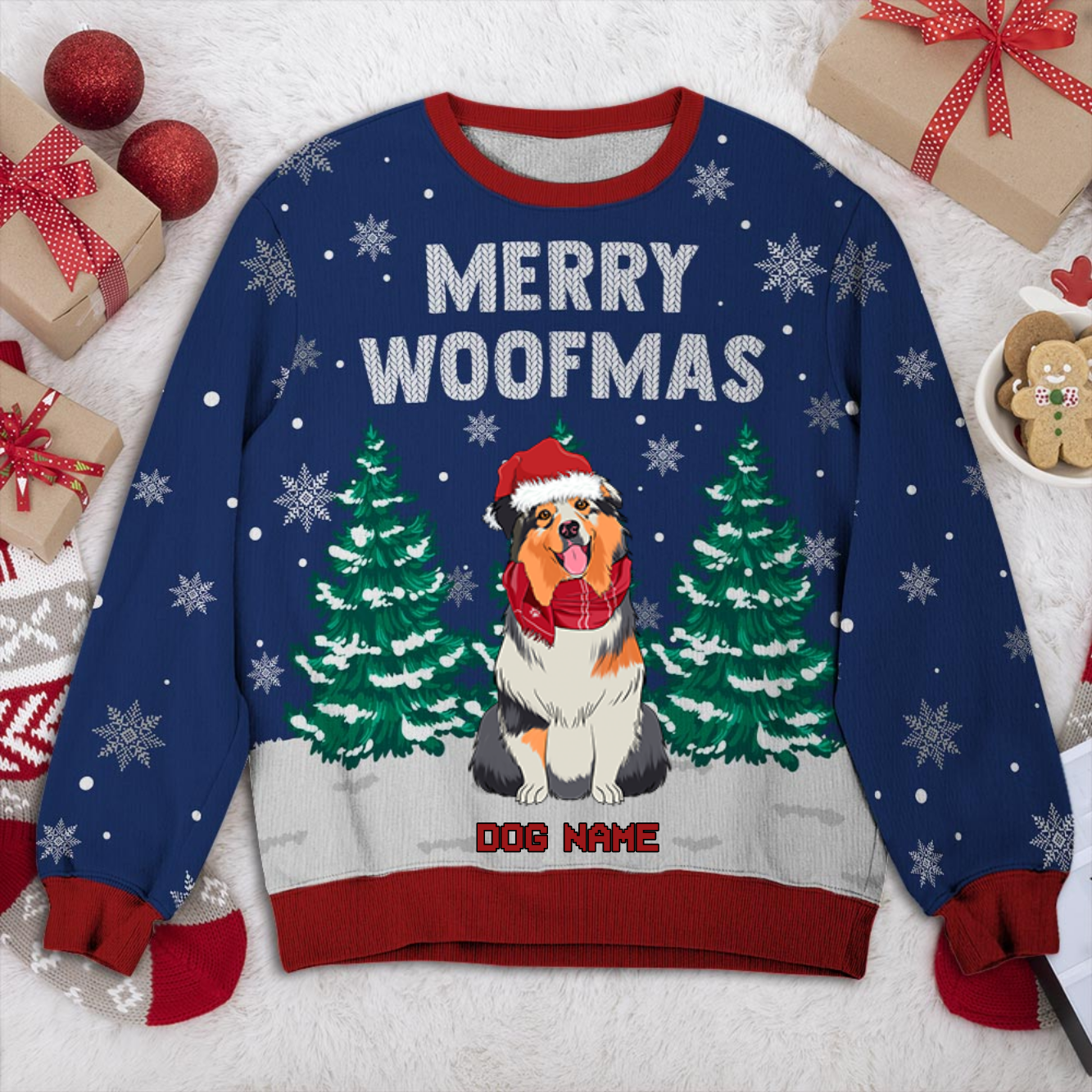 Merry Woofmas – Australian Shepherd Personalized Sweater, Dog Ugly Christmas Sweater Thanksgiving Day 2022 Gift