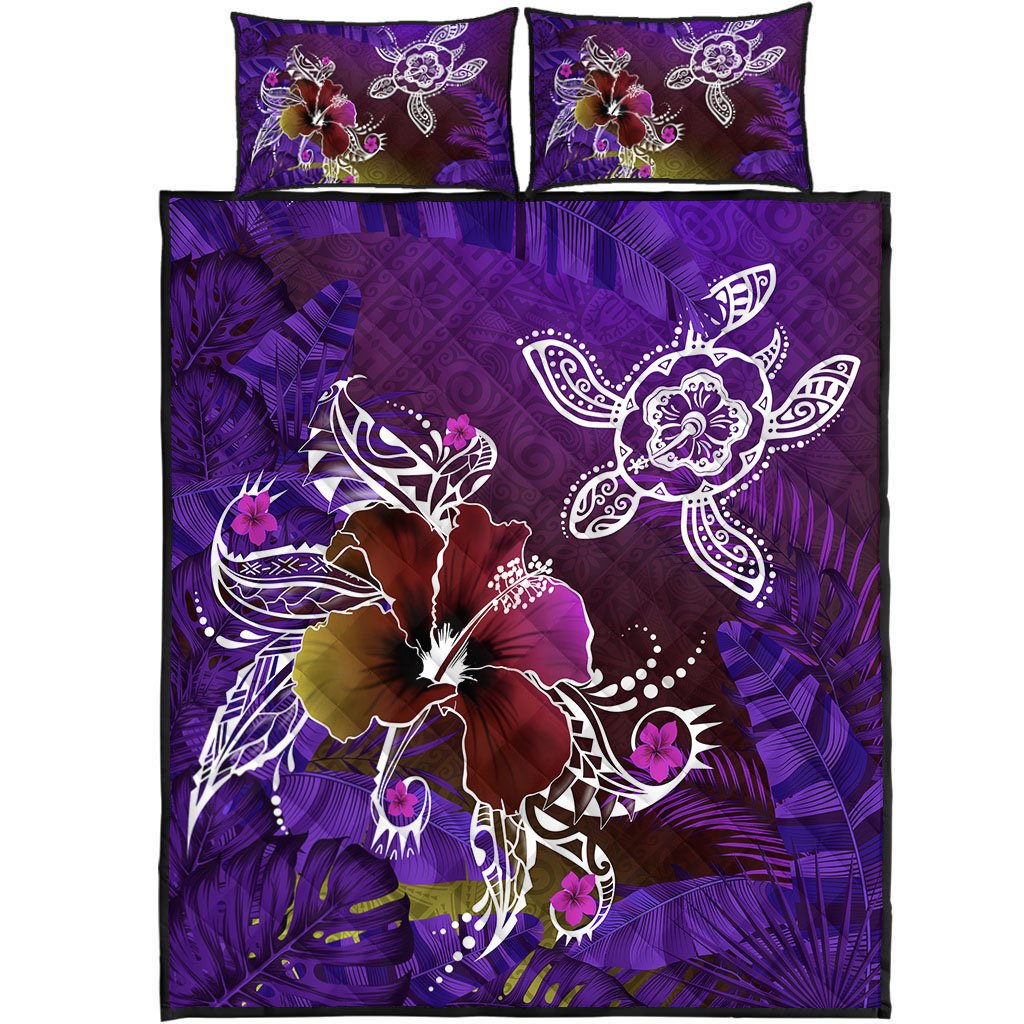 Hawaii Turtle Flowers And Palms Retro Quilt Bed Set – Purple – AH J8