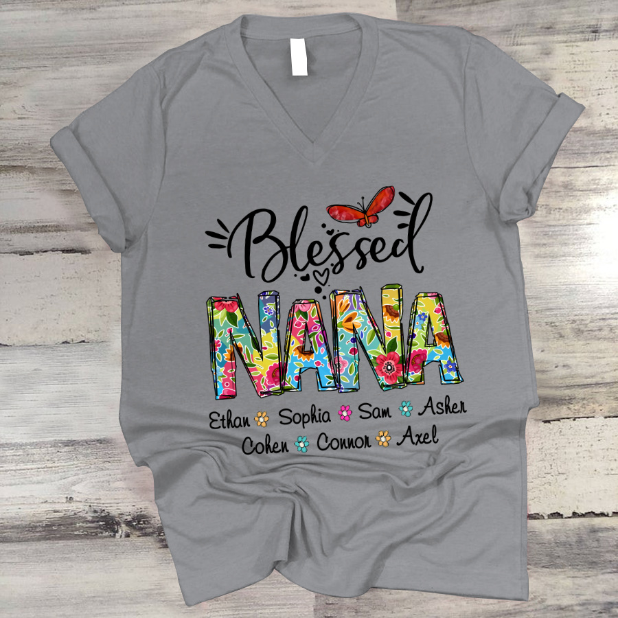 Blessed Nana Grandklids Flower Colorful V-Neck