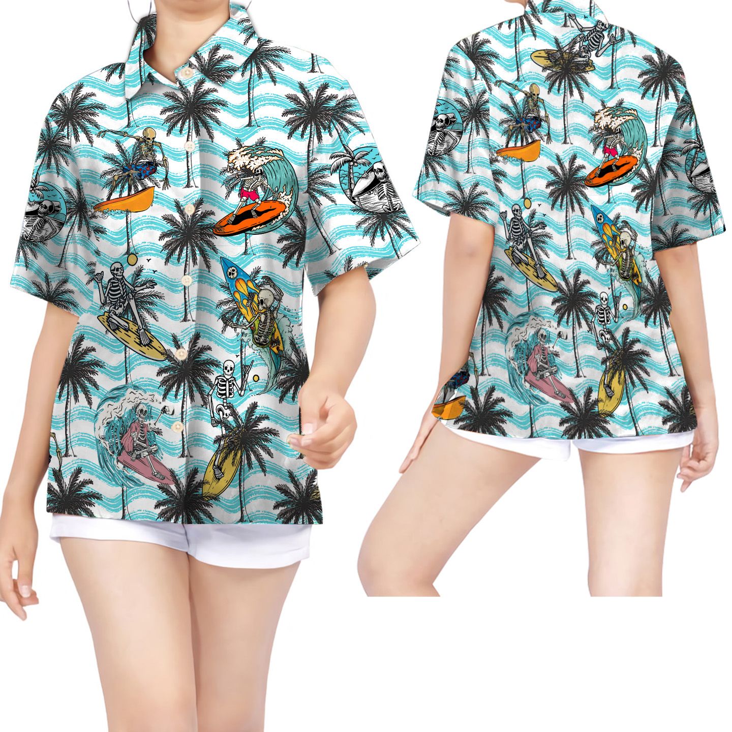 Surfing Skeleton Coconut Tree Women Hawaii Shirt For This Summer Ha37885