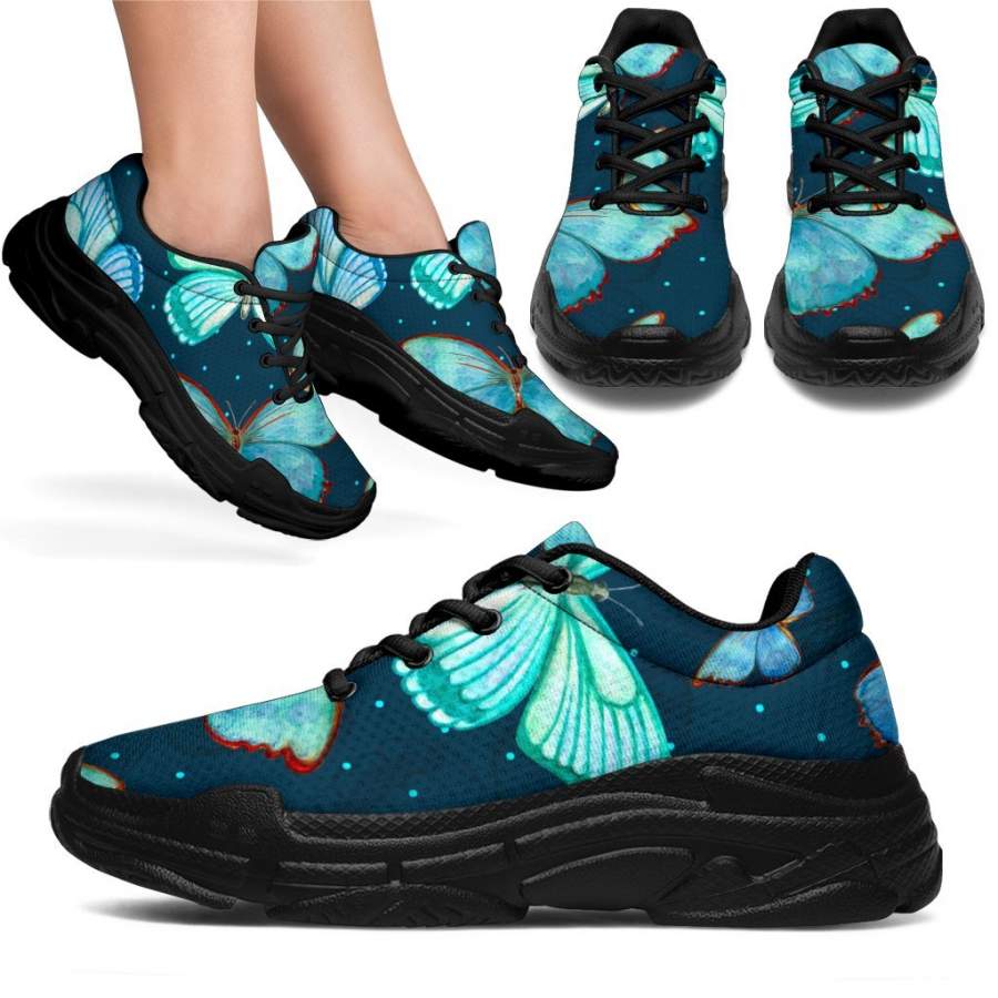 Watercolor Blue Butterfly Pattern Print Chunky Sneakers