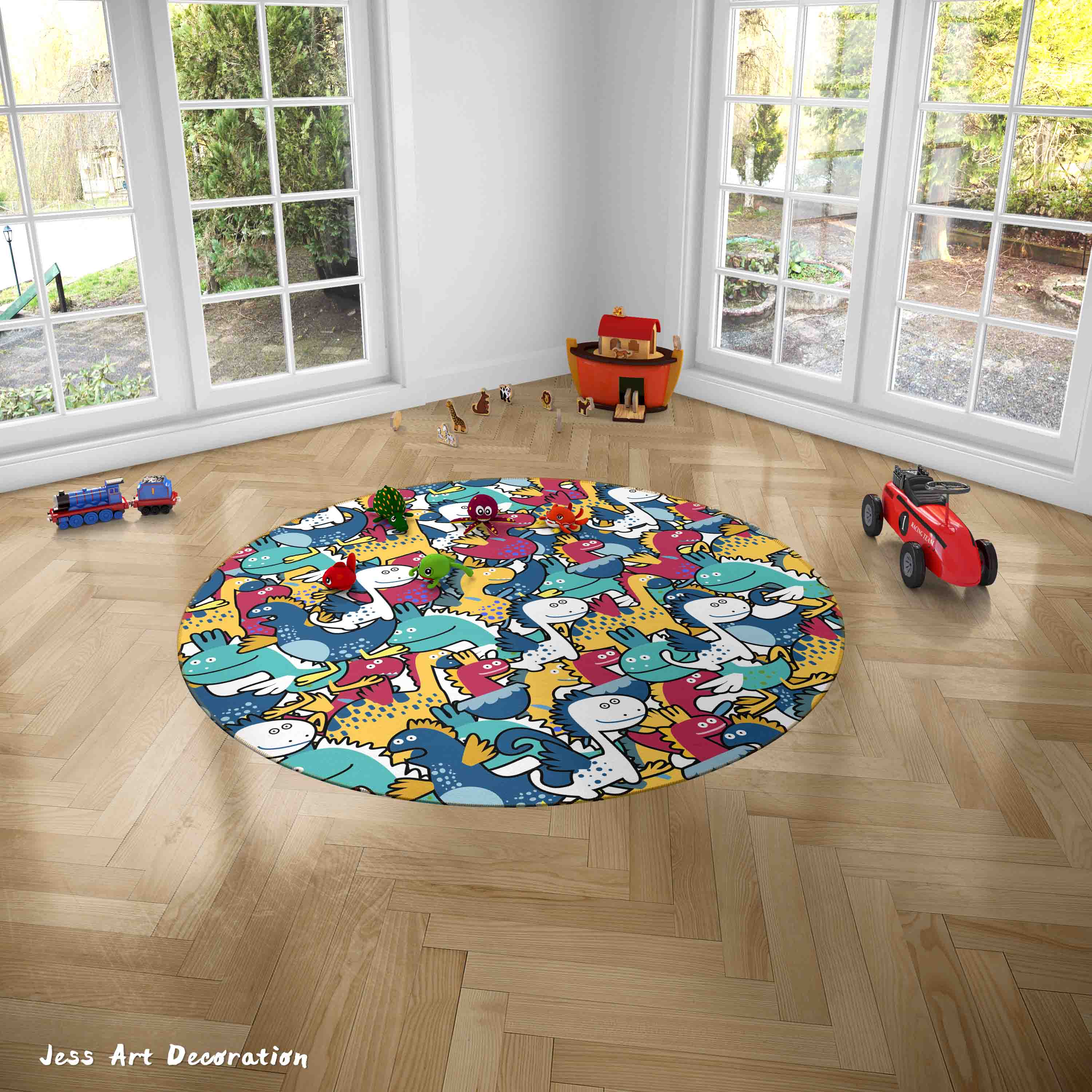 3D Cartoon Animal Dinosaur Color Kids Non-Slip Round Rug Mat 30