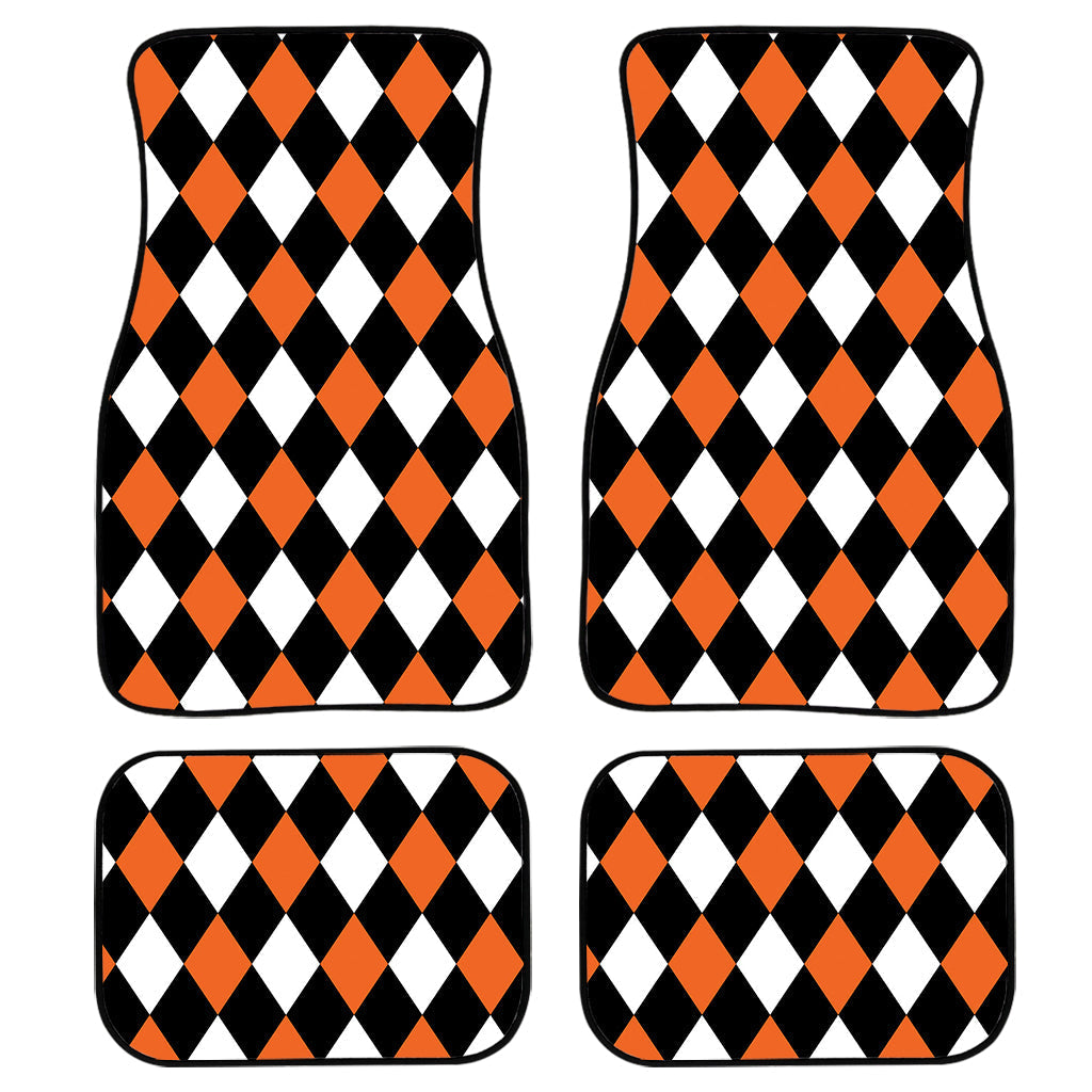 Orange Black And White Harlequin Print Front And Back Car Floor Mats, Front Car Mat