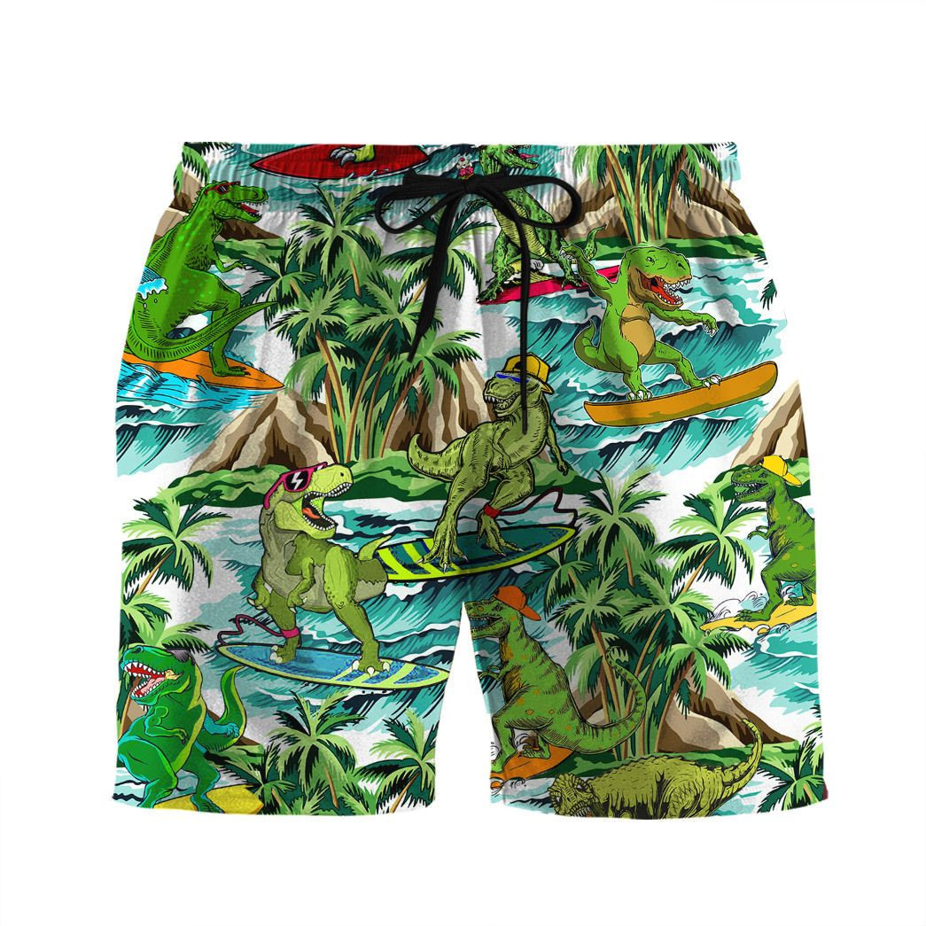 3D Dinosaur Surfing Beach Summer Men Beach Shorts Swim Trunks Hawaiian Shirt Style Printed 3D Qt301318Za