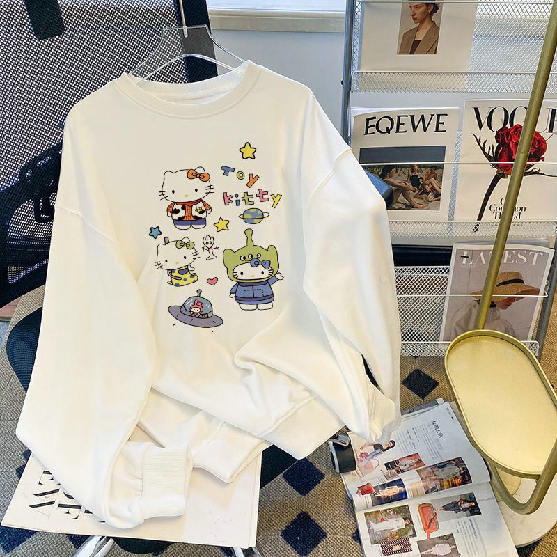 Anime Sweatshirt Hello Kitty Kawaii Print Sweater Y2k Oversized Style Plush Warm Winter Hoodie New Korean Loose Coat for Women alx