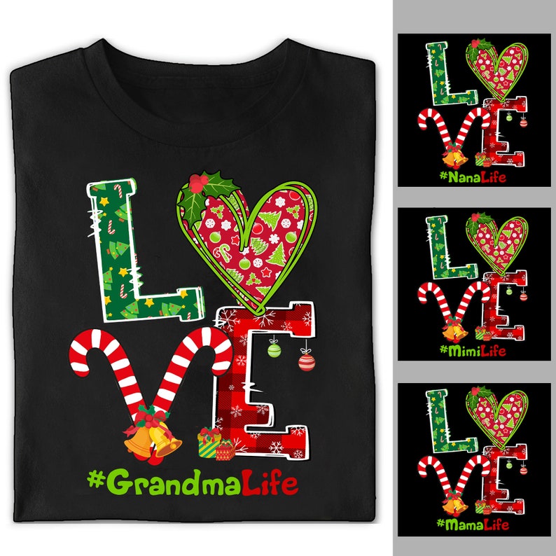 Personalized T-Shirt Love Hashtag Grandma Life Heart & Candy Cane Printed Buffalo Plaid Design