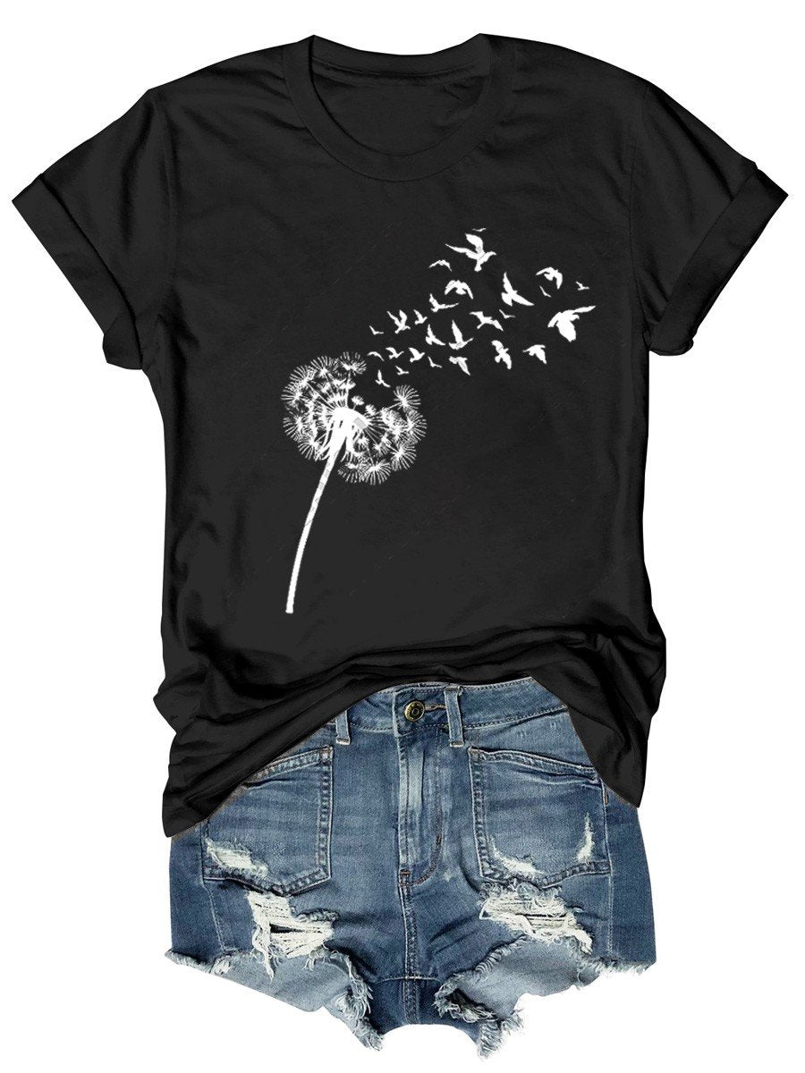 Unisex Dandelion With Birds Graphic Cotton T-Shirt