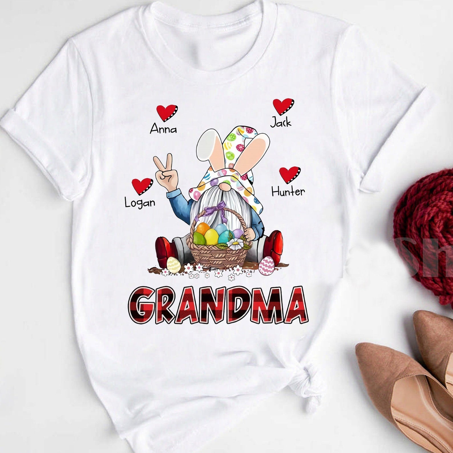 Personalized T-Shirt For Grandma Cute Bunny Gnome With Easter Egg Printed Custom Grandkids Name Easter Day Shirt