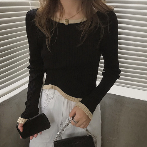 Sweater Pullovers Womens Autumn Simple Knitwear Slim O-neck Long Sleeve Trendy Patchwork All-match Leisure Female Tops Clothes alx