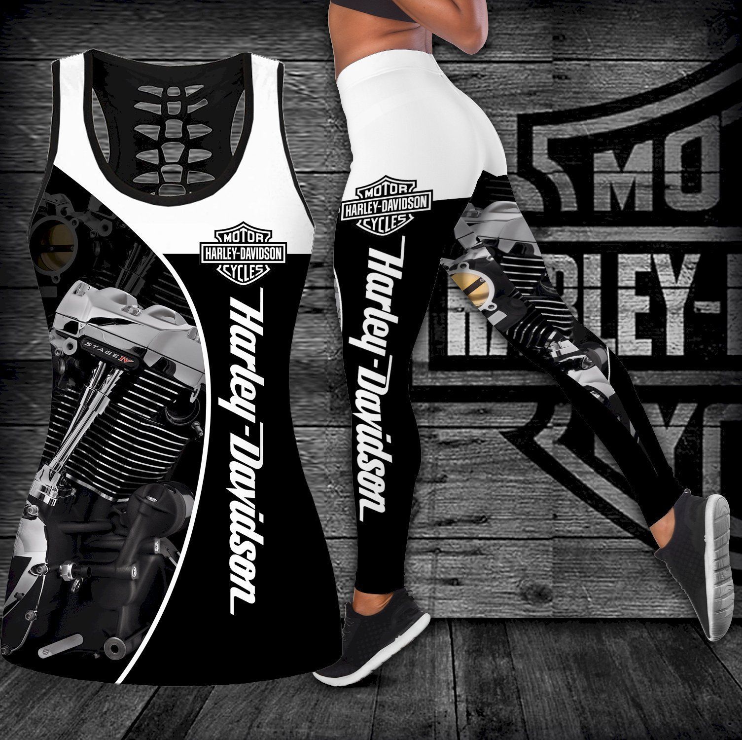 Combo Harley Davidson Hollow Tanktop And Leggings Set Outfit K1844