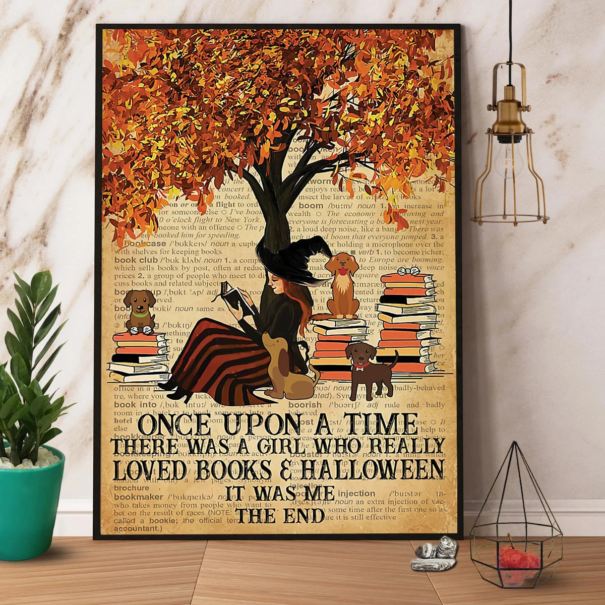 Fall Tree Dog There Was A Girl Loved Books & Halloween Canvas Prints Poster Wall Art