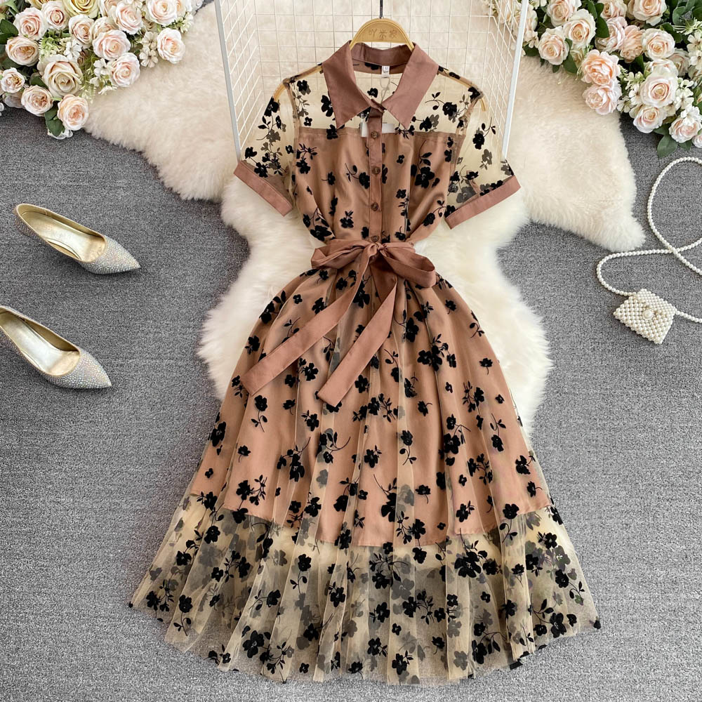 Summer Flocking Floral Meh Dress Women Polo Neck Short Sleeve Bandgae Tulle Dress Elegant Casual Eveing Party Midi Dresses alx