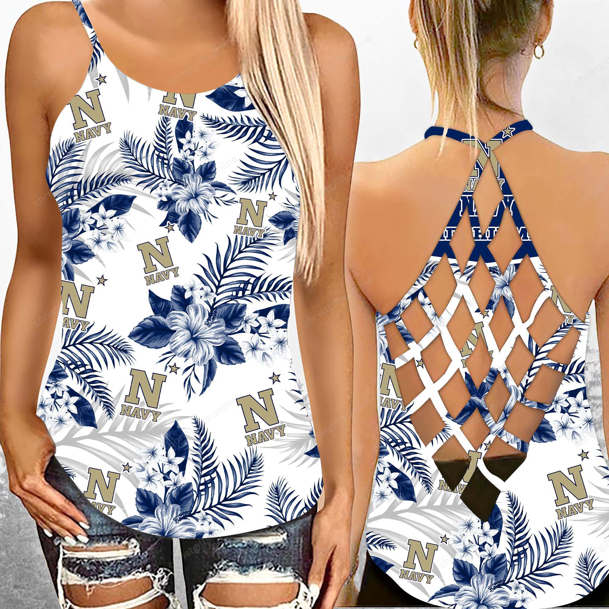 Navy Midshipmen NCAA3-Criss Cross Tanktop Hawaii Style Ds1