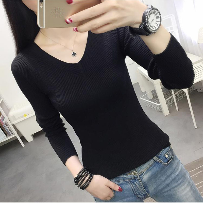 Women’s Sweater Autumn and Winter Slim Pullover Knitwear 2022 New Fashion Solid Color Top V Neck Trending Sweater Casual alx