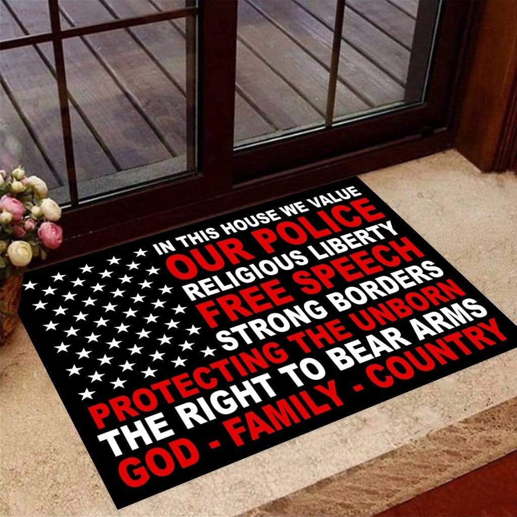 Welcome Rug, In This House We Value Our Police Religious Liberty Black Doormat, Housewarming Gift