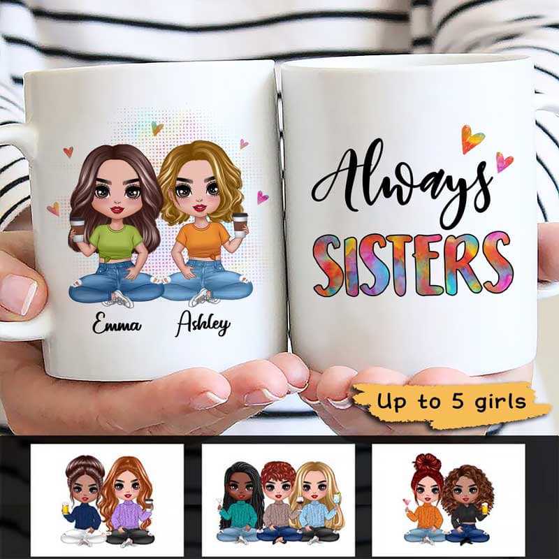 Colorful Patterned Sitting Doll Besties Sisters Siblings Personalized Mug