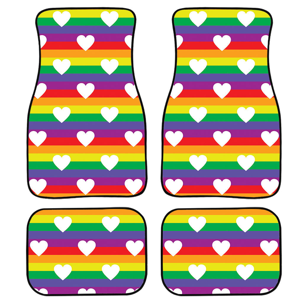 White Heart On Lgbt Pride Striped Print Front And Back Car Floor Mats, Front Car Mat