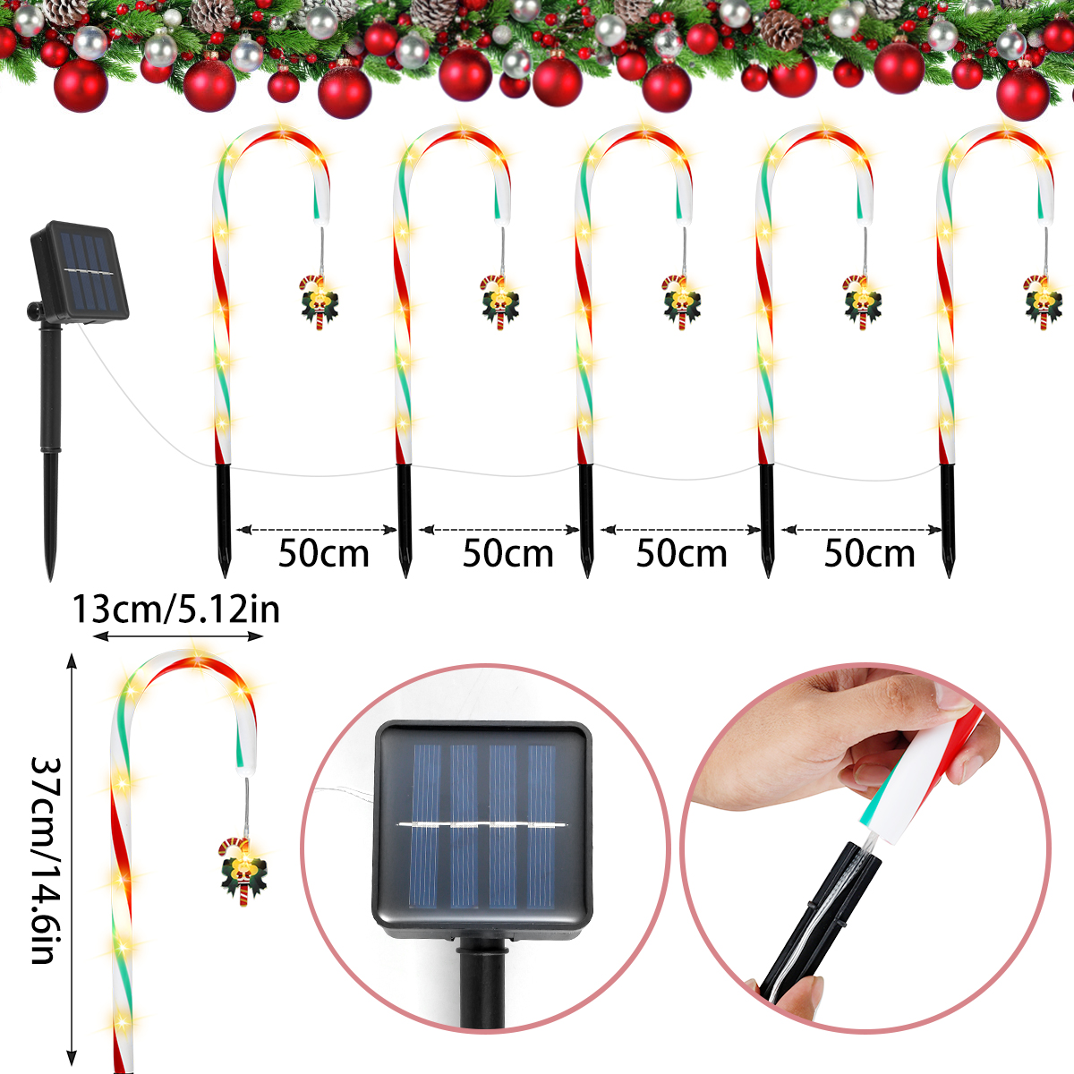 12PCS Candy Cane LED Solar Lights Christmas Lights Navidad Decor Outdoors Waterproof Cane Lights with Star Pathway Solar Lamp alx