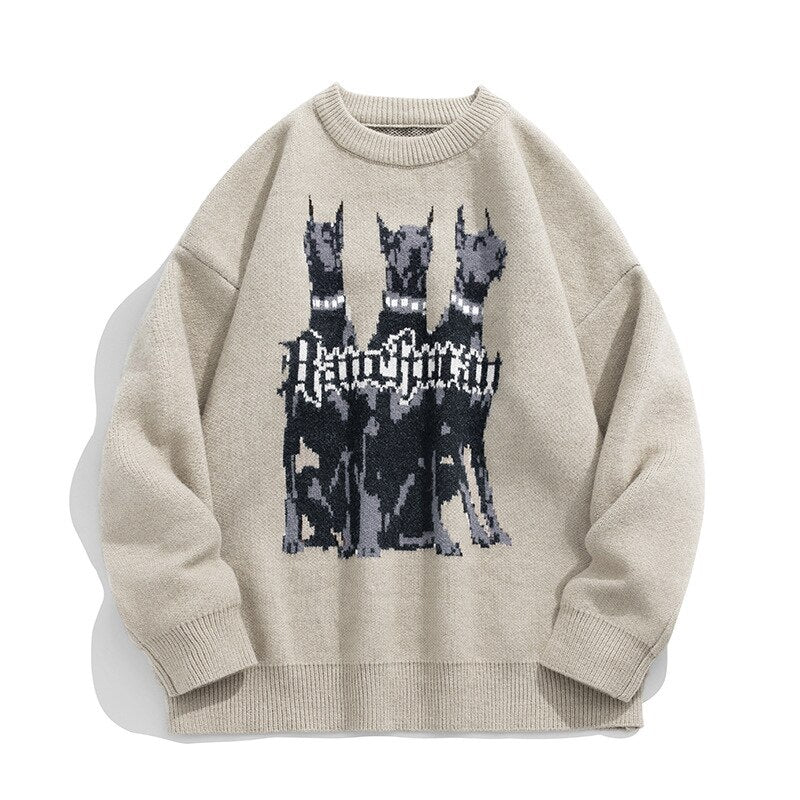 Wiaofellas Doberman Dog Knitted Sweater Y2K Oversize Pullover Men Hoodie Vintage Graphic Knit Male Jumper Women Winter Knitwear Brown Beige