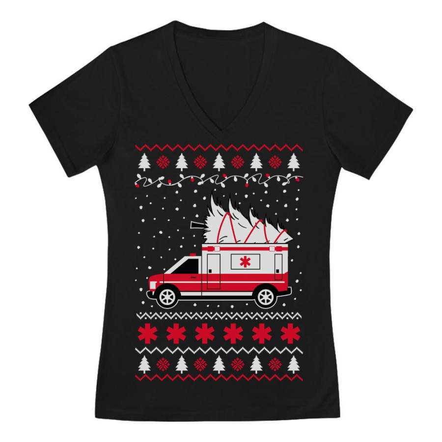 Ugly Christmas EMS EMT Emergency Medical Paramedic V-Neck Fitted Women T-Shirt