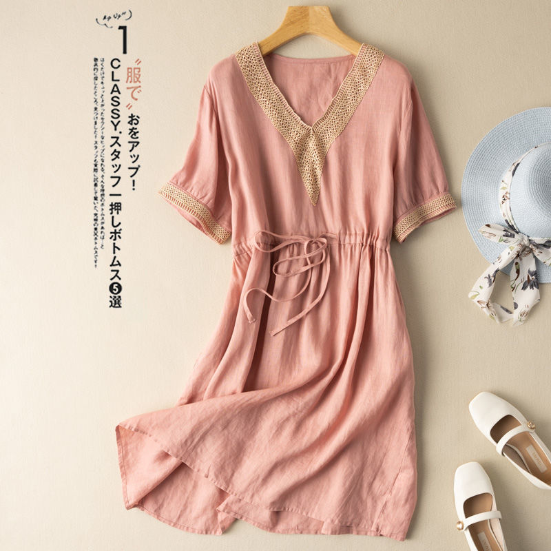 100% Cotton Women Summer Casual Dress New Arrival 2022 Vintage Style Lace V-neck Loose Ladies Elegant A-line Long Dresses D329 alx