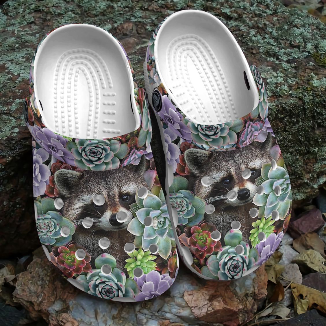 Raccoon Personalize Clog, Custom Name, Text, Fashion Style For Women, Men, Kid, Print 3D Whitesole Succulent With Raccoon