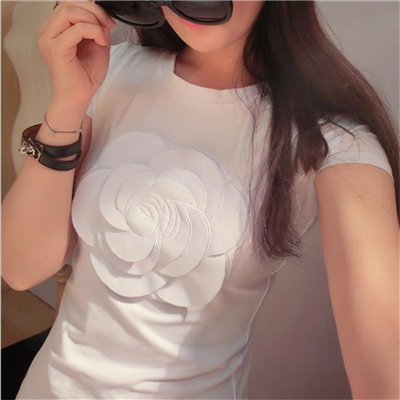 women summer 3d camellia embroidery luxury T-shirt ladies fashion tops slim casual tee shirts vetement femal alx