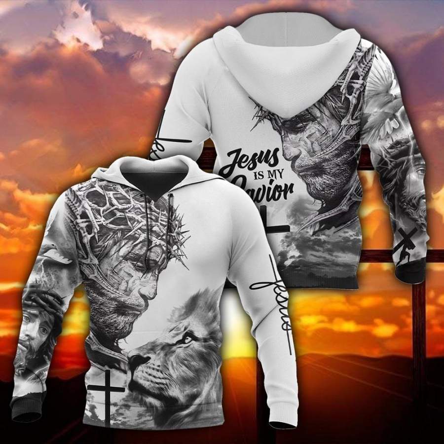 3D Jesus is my Savior Tattoo Over Printed Hoodie for Men TP