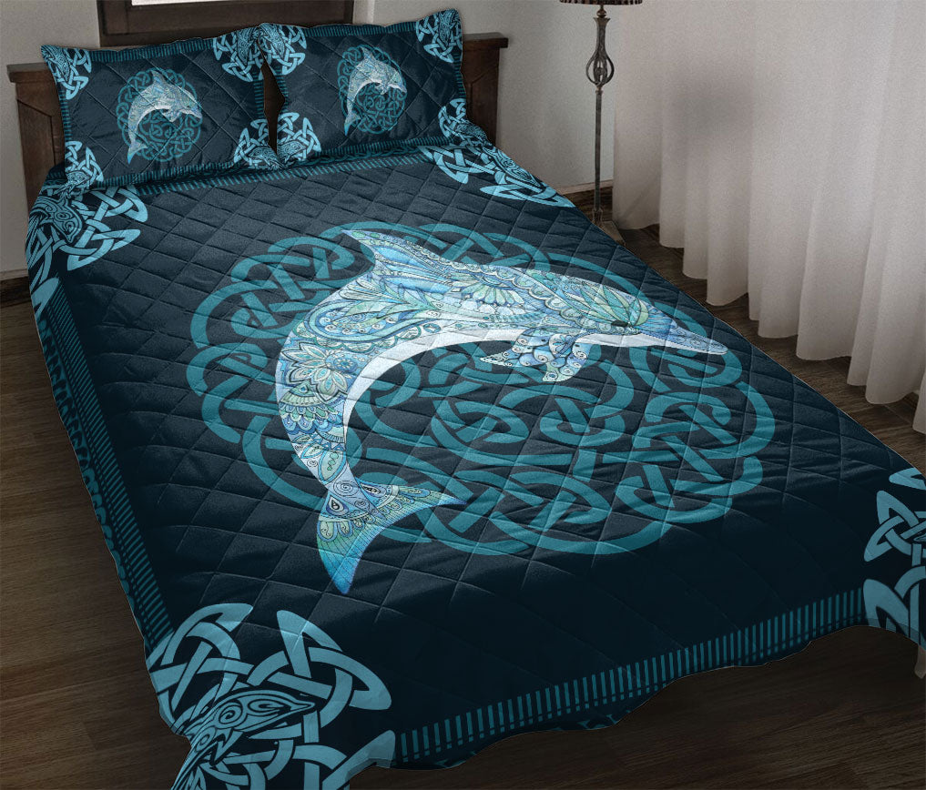 Dolphin Quilt Set, Celtic Viking Dolphin Sea Blue Quilt Blanket With Pillowcases, Quilt Bedding Set