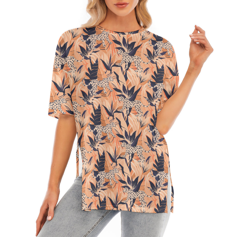 Abstract Jungle Pattern Leopard Short Sleeve T-Shirt With Hem Split