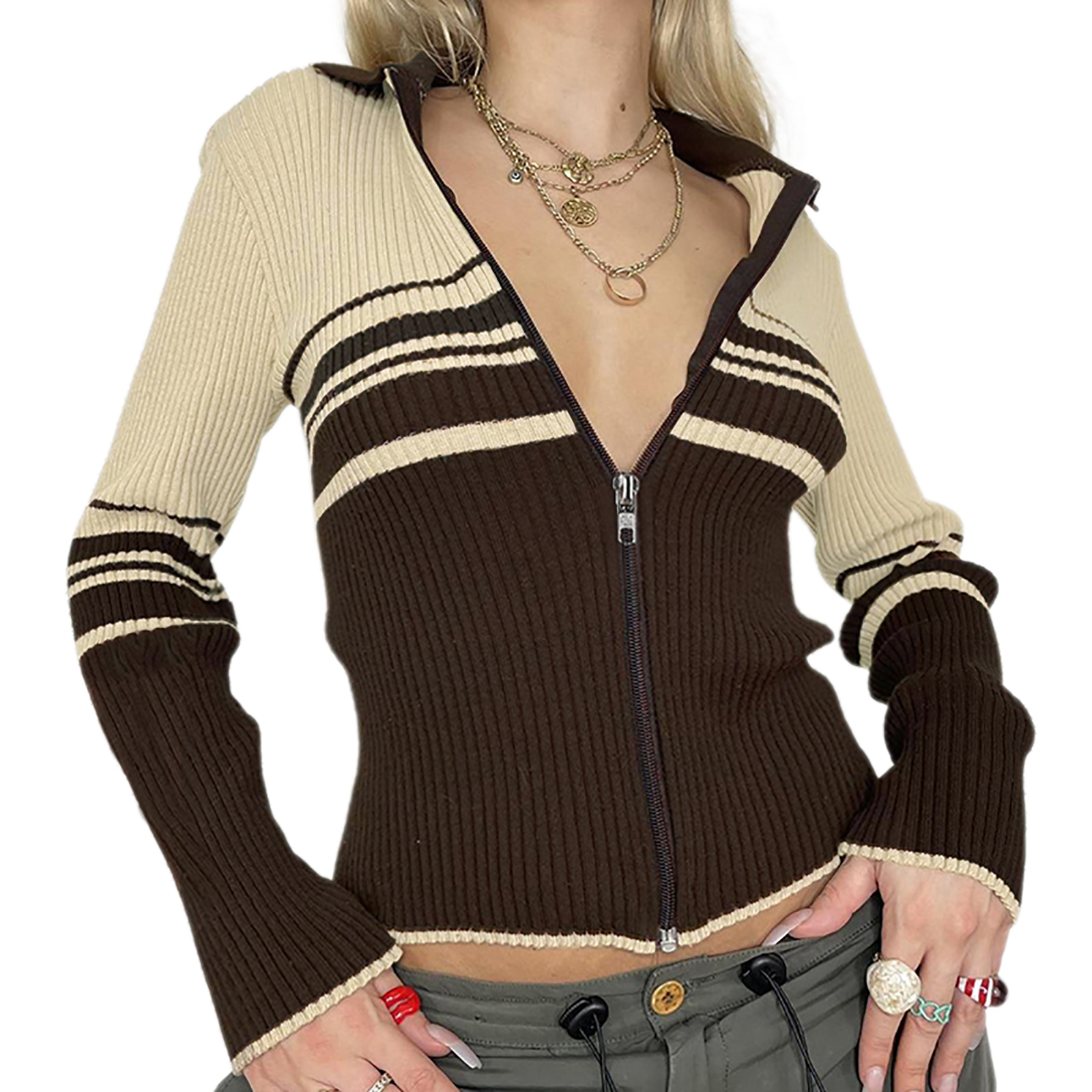 Women Knitted Zip Up V Neck Sweater Autumn Casual Slim Fit Contrast Color Long Sleeves Cardigan Tops Streetwear alx